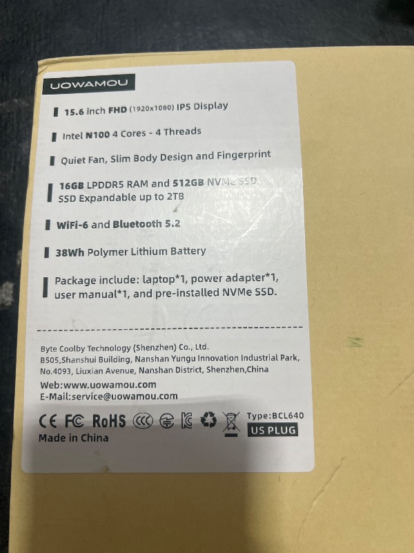 Photo 1 of UOWAMOU Laptop Computer 15.6 inch, Intel Quad Core N100, 16GB LPDDR5 RAM 512GB NVMe SSD Laptop with FHD IPS Display, WiFi 6, BT5.0, RJ45 Ethernet, USB Type C and Fingerprint, Windows 11 Pro