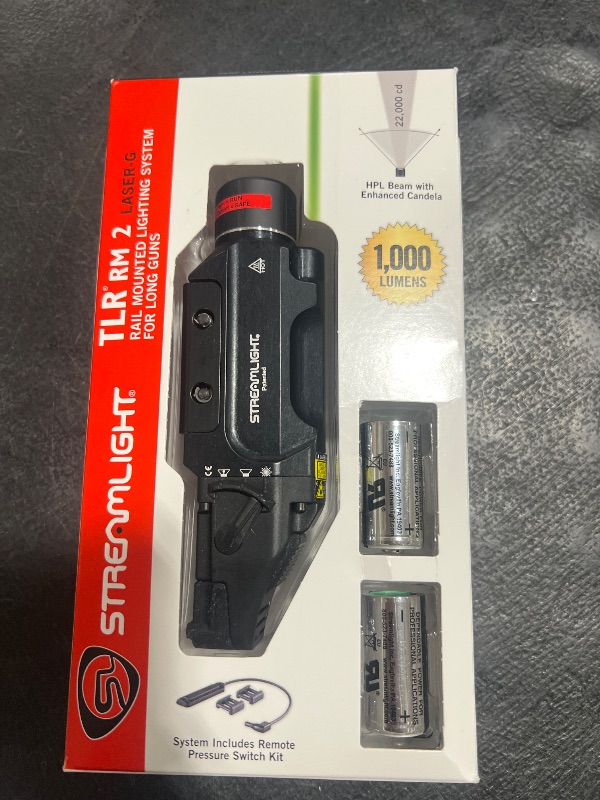 Photo 1 of Streamlight 69453 TLR RM 2 G 1000-Lumen Rail-Mounted Tactical Weapon Light with Integrated Green Aiming Laser, Remote Pressure Switch, and Key Kit, Black