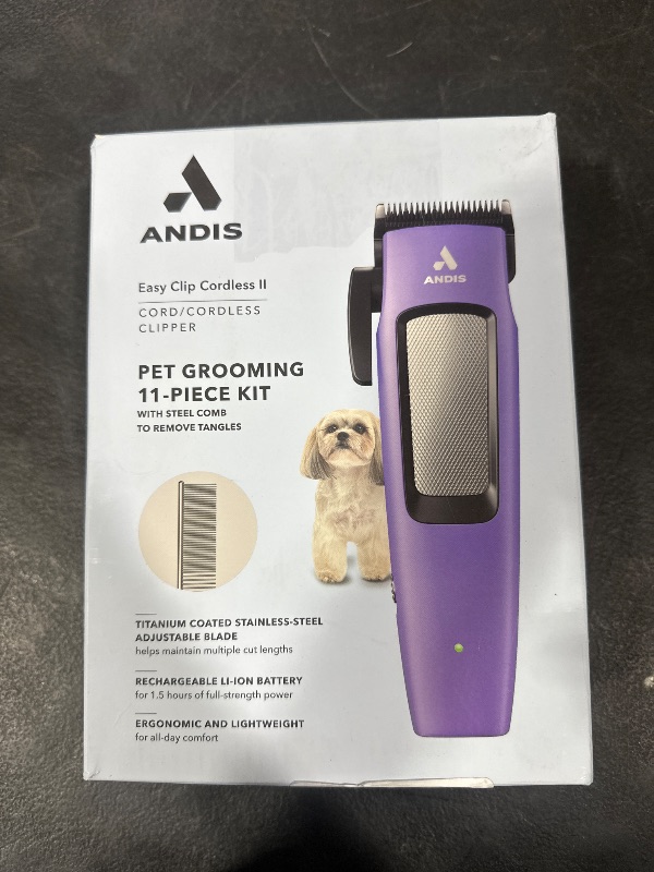 Photo 1 of Andis Easy Clip Adjustable Blade Cordless II Dog Clipper, 10 Piece Kit, Lithium-Ion Battery, Purple, 560017