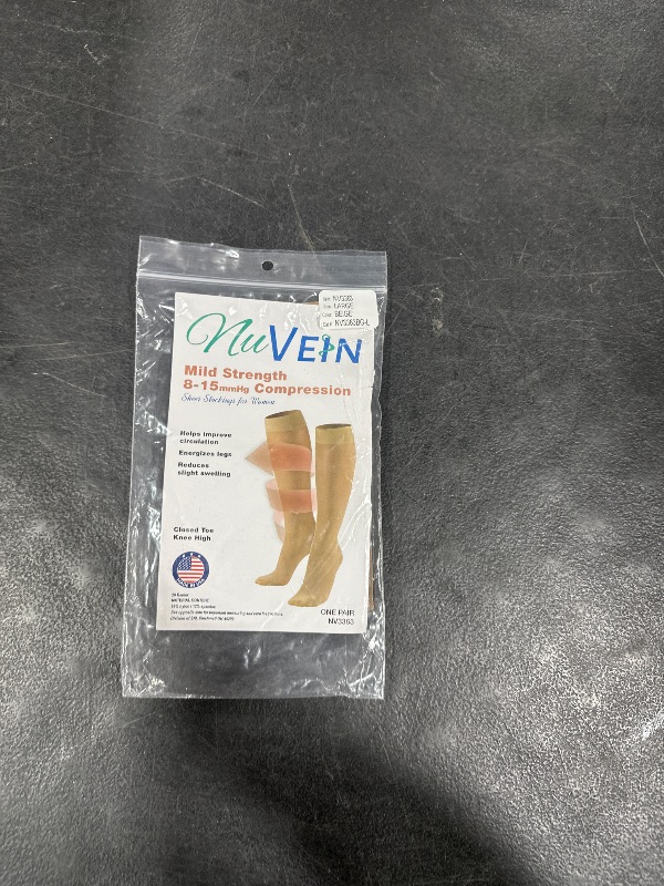 Photo 1 of NuVein Sheer Compression Stockings for Women, 8-15 mmHg Support, Light Denier, Knee High, Closed Toe, Beige, Large