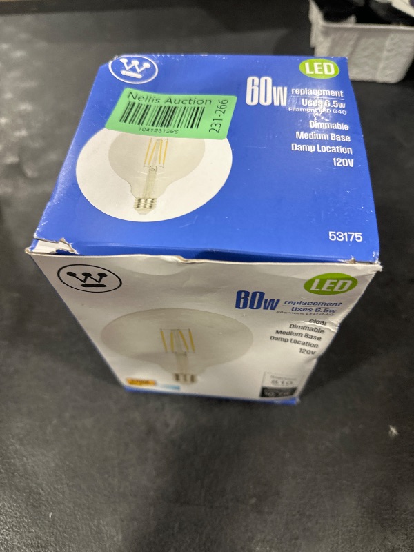 Photo 1 of Westinghouse 5317500 6.5 Watt (60 Watt Equivalent) G40 Dimmable Clear Filament LED Light Bulb, Medium Base