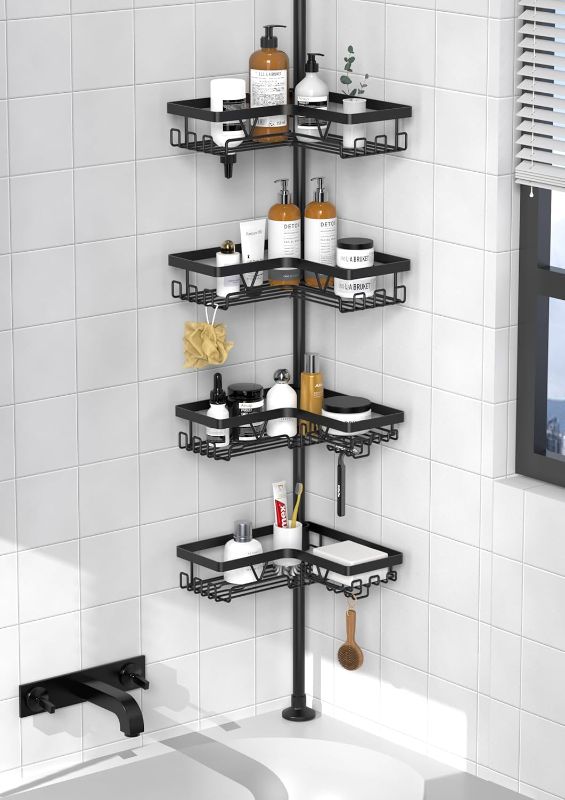 Photo 1 of KEGII Corner Shower Caddy Tension Pole - Shower Tension Rod Organizer, Floor to Ceiling Shower Caddy 25-114.2 inch, Towel Rack Corner Waterproof, Black

