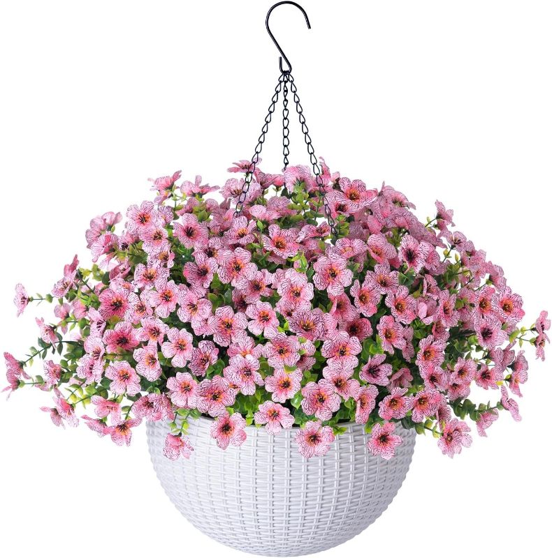 Photo 1 of Artificial Fake Hanging Plants Flowers Basket for Outdoor Outside Summer Decor, Faux Silk Pink Daisy Realistic UV Resistant for Porch Patio Balcony Home Yard
