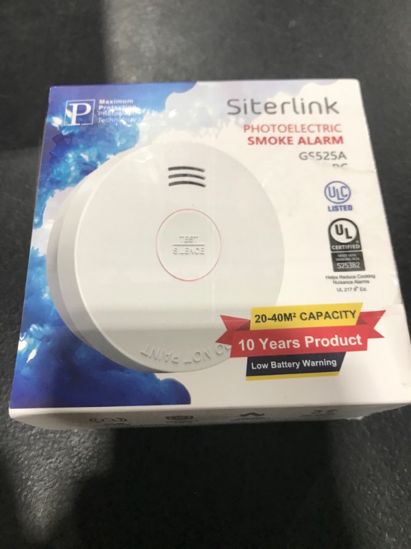 Photo 1 of Siterlink  Detectors 10 Year Battery Operated,UL217-9th Listed Smoke Alarm with Test-Silence Button,Photoelectric Sensor Fire Alarms Smoke Detectors with LED Lights for Home, GS525A (1 Pack)