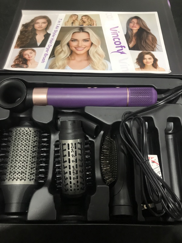 Photo 1 of Vincofy 7 in 1 Blow Dryer Brush and Hair Dryer, Hot Hair Styler with Negative Ion 110,000 RPM Hair Straightener Brush for Fast Drying Straightening Curling Voluming, Suitable for All Types,Purple