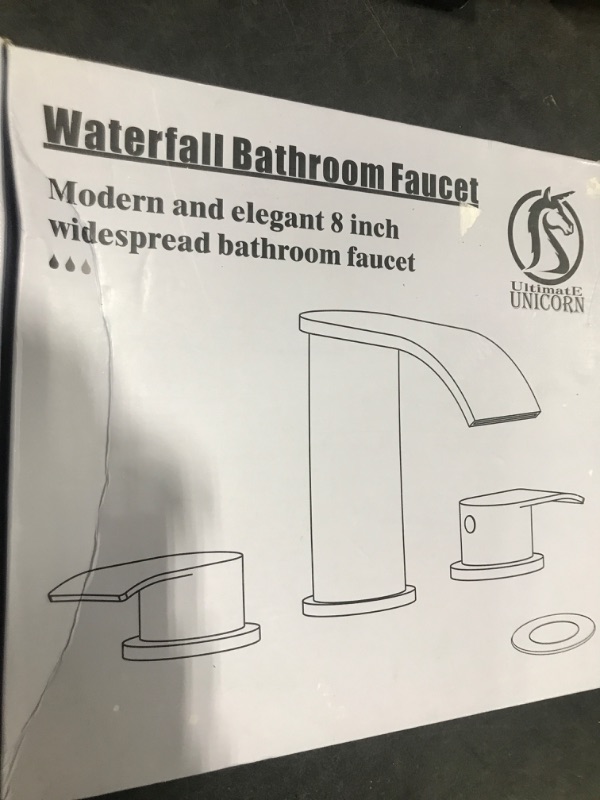 Photo 1 of Ultimate Unicorn 8 inch Bathroom Faucet Matte Black, Waterfall Bathroom Sink Faucet Black with Metal Pop-up Sink Drain Stopper and 2 Supply Hoses,2 Handle Widespread Faucet for Vanity Sink 3 Holes
