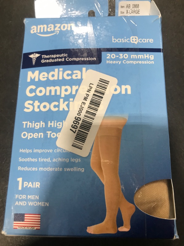 Photo 1 of Amazon Basic Care Medical Compression Stockings, 20-30 mmHg Support, Women & Men Thigh Length Hose, Open Toe, Beige, X-Large (Previously NuVein)