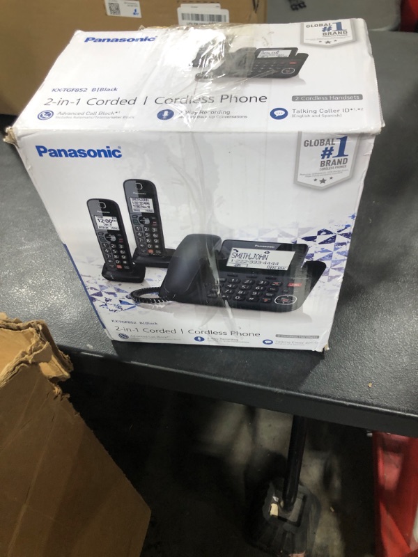 Photo 1 of Panasonic Corded/Cordless Phone with Advanced Call Block, 2-Way Recording and Digital Answering Machine, 2 Handsets Expandable up to 6 Cordless Handsets - KX-TGF852B (Black)