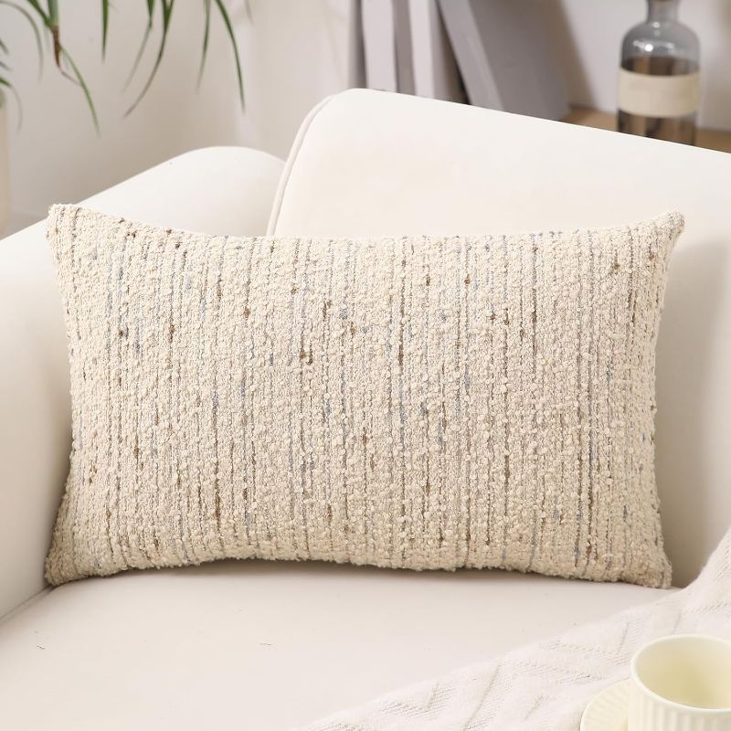 Photo 1 of GIKKEARL Textured Boucle Lumbar Pillow Covers 12x20 Neutral Striped Throw Pillows