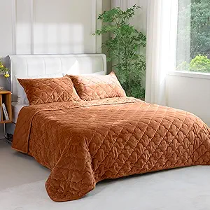 Photo 1 of Velvet Quilt Set King Size - Luxury Lightweight Velvet Bed Comforter & 2 Pillow Shams | Oversized Coverlet Bedspread 3 Piece | Oeko-TEX All Season Bedding Caramel