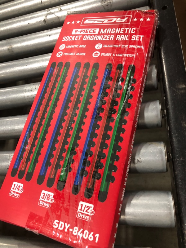 Photo 1 of Magnetic Socket Holder Organizer Set: 9-Piece Detachable 1/4, 3/8, 1/2 Socket Trays Socket Organizer for Tool Box Drawer Holds 120-Piece Standard Size Sockets for Automotive Garage(Blue Red Green)