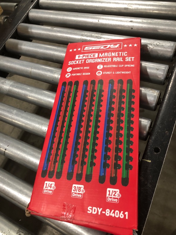 Photo 1 of Magnetic Socket Holder Organizer Set: 9-Piece Detachable 1/4, 3/8, 1/2 Socket Trays Socket Organizer for Tool Box Drawer Holds 120-Piece Standard Size Sockets for Automotive Garage(Blue Red Green)