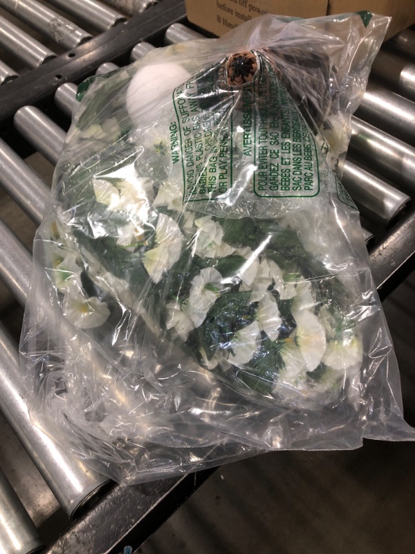 Photo 1 of Artificial Faux Hanging White Flowers Plants Basket for Outdoor Outside, Fake UV Resistant Realistic White Morning Glory Flowers for Porch Home Balcony Yard Patio Decoration