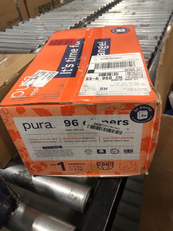 Photo 1 of Pura Hypoallergenic Diapers, Size 1 (4-11lbs), Newborn, Totally Chlorine Free, Wetness Indicator, Suitable for Sensitive Skin, Soft Organic Cotton Comfort, Overnight, 3 Packs of 32 (96 Baby Diapers)