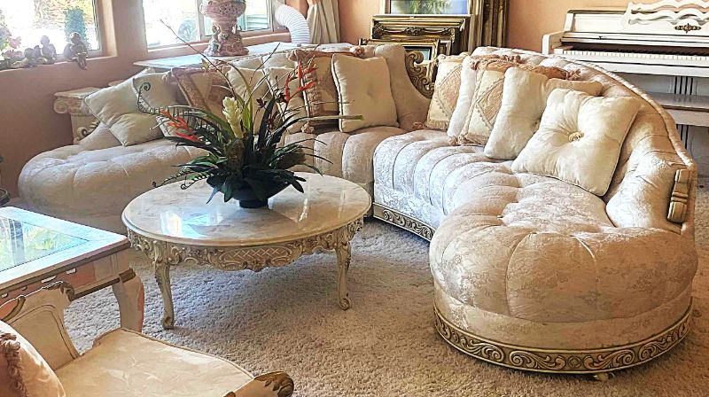 Photo 1 of 2 PIECE CREAM CURVED UPHOLSTERED SOFA WITH TOSS PILLOWS (EACH MEASURES 85” x 27” H30 1/2”