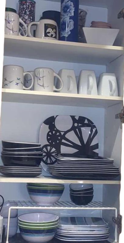 Photo 1 of CONTENTS OF CABINET - MELAMINE DINNERWARE & CERAMIC COFFEE CUPS