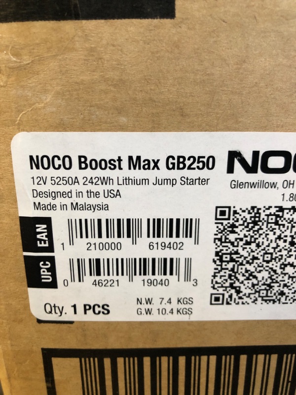 Photo 2 of NOCO Boost Max GB250 5250 Amp 12-Volt UltraSafe Portable Lithium Jump Starter Box, Battery Booster Pack, and Commercial Jumper Cables for Gasoline and Diesel Engines Up to 16-Liters