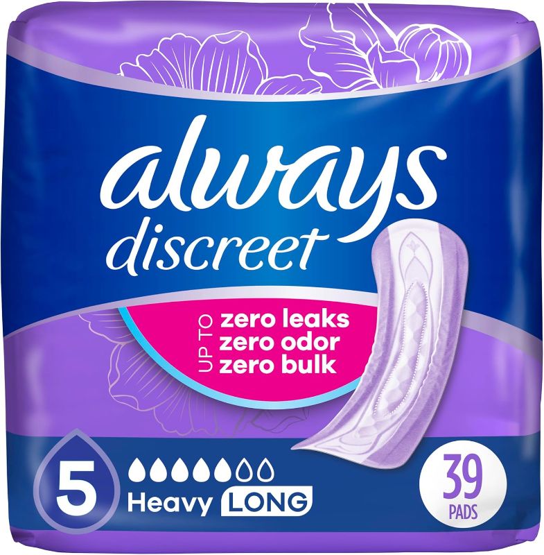 Photo 1 of Always Discreet Adult Incontinence Pads for Women, Heavy Absorbency, Long Length, Postpartum Pads, Up to 100% Bladder Leak Protection, 39 Count (Packaging May Vary)
