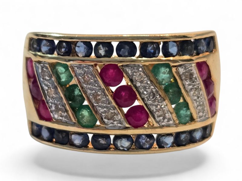 Photo 1 of 14K YELLOW GOLD BAND W. SAPPHIRE, RUBY & DIAMOND RING-6G SIZE 6 1/2 #16