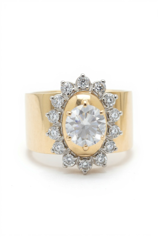Photo 1 of 14K YELLOW GOLD W. 1CT CENTER DIAMOND .50 SURROUNDING DIAMOND RING-10G SIZE 6 1/2 #23
