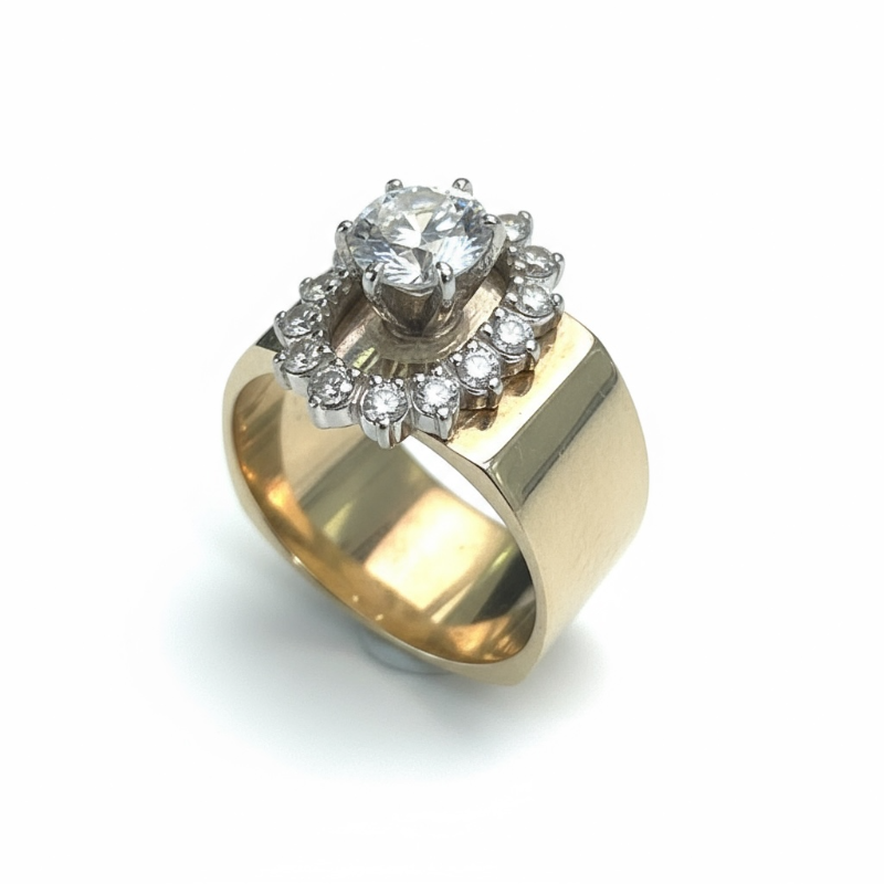 Photo 1 of 14K YELLOW GOLD W. 1CT CENTER DIAMOND .50 SURROUNDING DIAMOND RING-10G SIZE 6 1/2 #23