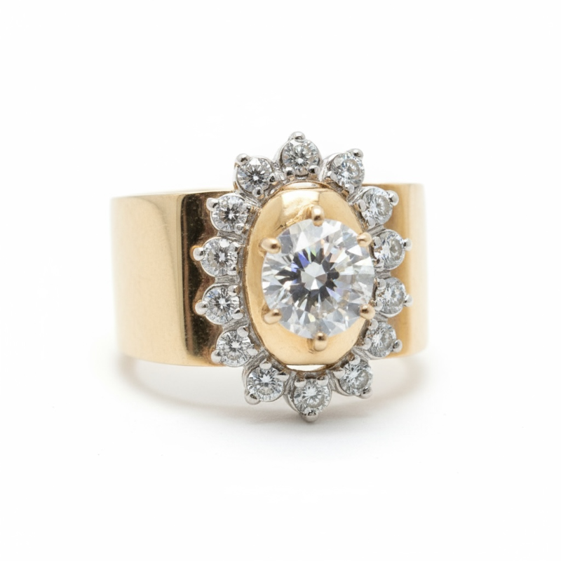 Photo 1 of 14K YELLOW GOLD W. 1CT CENTER DIAMOND .50 SURROUNDING DIAMOND RING-10G SIZE 6 1/2 #23