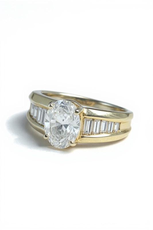 Photo 1 of 14K YELLOW GOLD W. 1CT OVAL DIAMOND & .50CT BAGUETTE DIAMOND RING-4.4G SIZE 6 #27