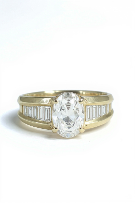 Photo 1 of 14K YELLOW GOLD W. 1CT OVAL DIAMOND & .50CT BAGUETTE DIAMOND RING-4.4G SIZE 6 #27