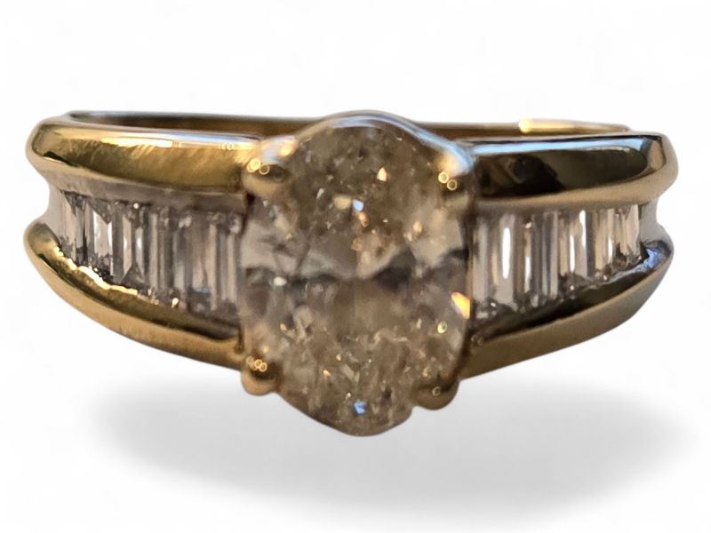 Photo 1 of 14K YELLOW GOLD W. 1CT OVAL DIAMOND & .50CT BAGUETTE DIAMOND RING-4.4G SIZE 6 #27
