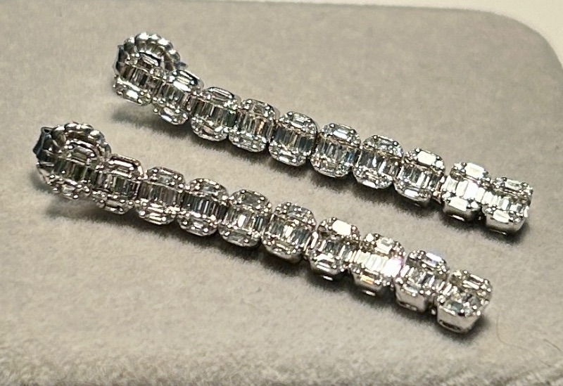 Photo 1 of 10K WHITE GOLD W. 3CT DIAMOND EARRINGS-7.8G DROP 1 5/8” #35