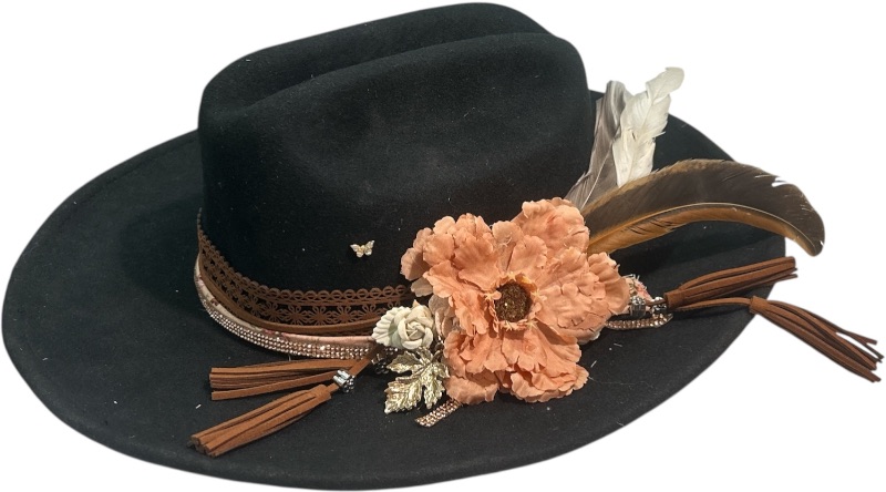 Photo 1 of NEW- CUSTOM 100% WOOL BLACK COWBOY HAT WOMENS LARGE ( ALL ACCESSORIES ARE REMOVABLE AND INTERCHANGEABLE)