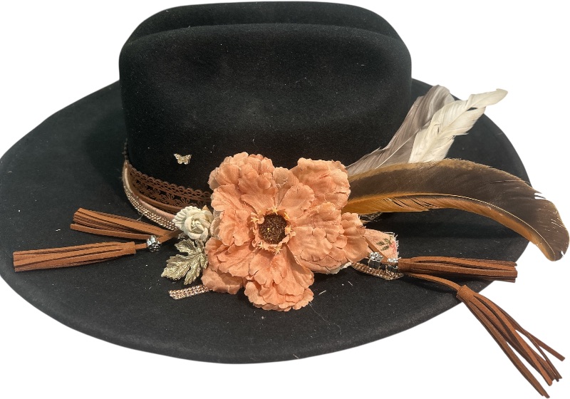 Photo 2 of NEW- CUSTOM 100% WOOL BLACK COWBOY HAT WOMENS LARGE ( ALL ACCESSORIES ARE REMOVABLE AND INTERCHANGEABLE)