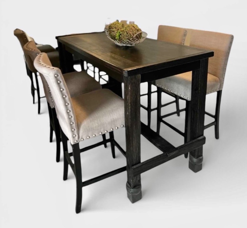 Photo 1 of FURNITURE OF AMERICA SANIA II ANTIQUE BLACK COUNTER HEIGHT DINING TABLE SET WITH GRAY SIDE CHAIRS. 30 ” X 5’ X 42”