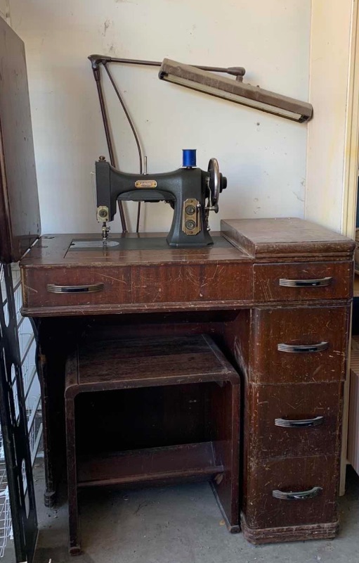 View 2 of VINTAGE WHITE ROTARY SEWING MACHINE HOUSED IN A WOODEN CABINET WITH ATTACHED LIGHT 30” X 19” H 31”