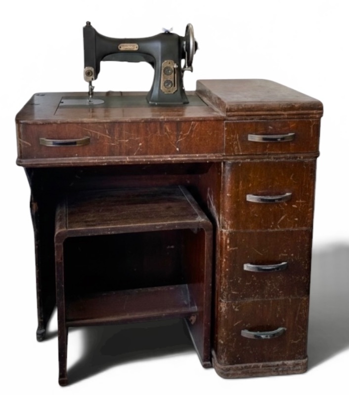 View 1 of VINTAGE WHITE ROTARY SEWING MACHINE HOUSED IN A WOODEN CABINET WITH ATTACHED LIGHT 30” X 19” H 31”