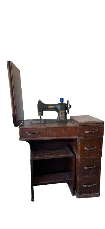 View 10 of VINTAGE WHITE ROTARY SEWING MACHINE HOUSED IN A WOODEN CABINET WITH ATTACHED LIGHT 30” X 19” H 31”