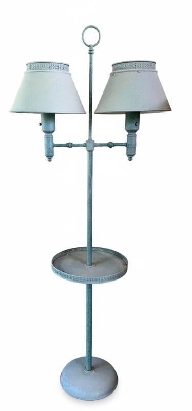 Photo 1 of VINTAGE GREEN TOLEWARE DOUBLE LIGHT FLOOR LAMP W INTEGRATED CIRCULAR TRAY H 57”