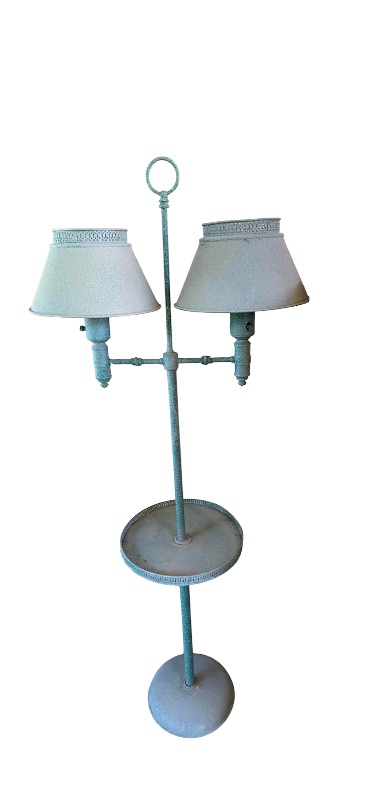 Photo 1 of VINTAGE GREEN TOLEWARE DOUBLE LIGHT FLOOR LAMP W INTEGRATED CIRCULAR TRAY H 57”