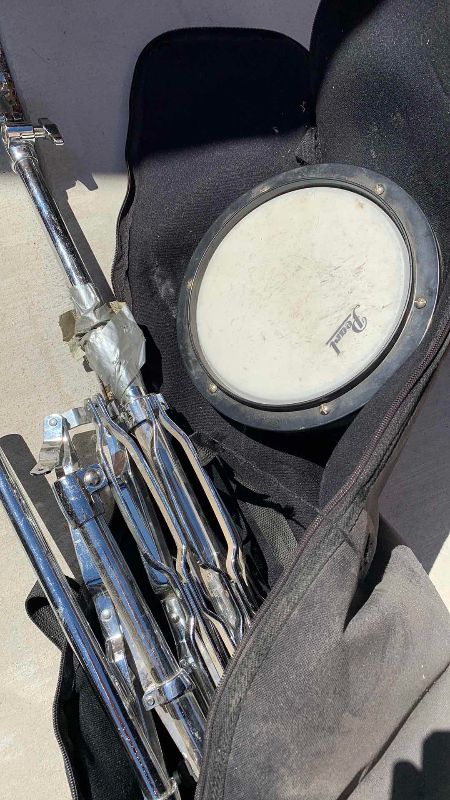 Photo 1 of ACOUSTIC GUITAR CASE, STAND AND a PEARL PRACTICE DRUM HEAD