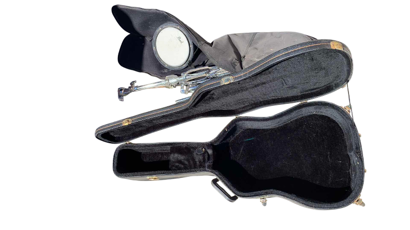 Photo 1 of ACOUSTIC GUITAR CASE, STAND AND a PEARL PRACTICE DRUM HEAD