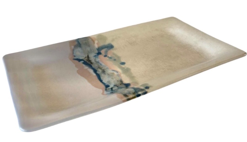 Photo 1 of FINE ART POTTERY 
RECTANGULAR TRAY FEATURING MULTI COLORED GLAZED ABSTRACT PATTERN