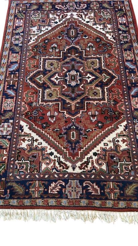 Photo 2 of HAND-KNOTED 100% WOOL BURGUNDY & NAVY AREA RUG FROM INDIA  5'7" X 3'5"