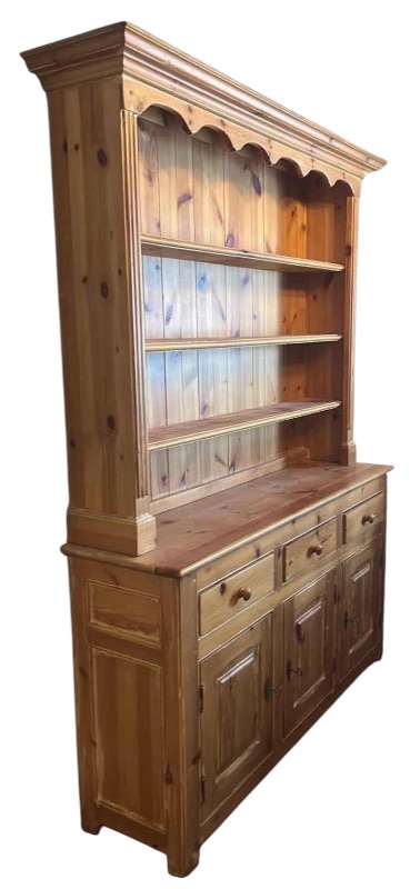 Photo 2 of ENGLISH PINE STEPBACK CUPBOARD W PLATE RACK, SCALLOPED DETAILS 59” x 21"  H79"