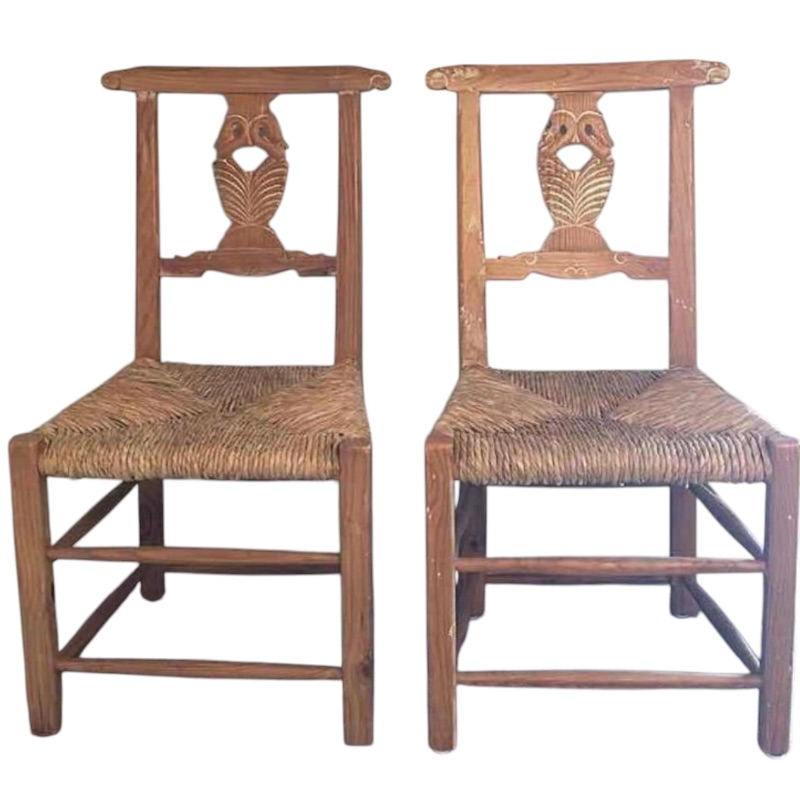 Photo 1 of 2- VINTAGE 1980'S SOLID WOOD RUSH DINING SIDE CHAIRS W CARVED SWANS 