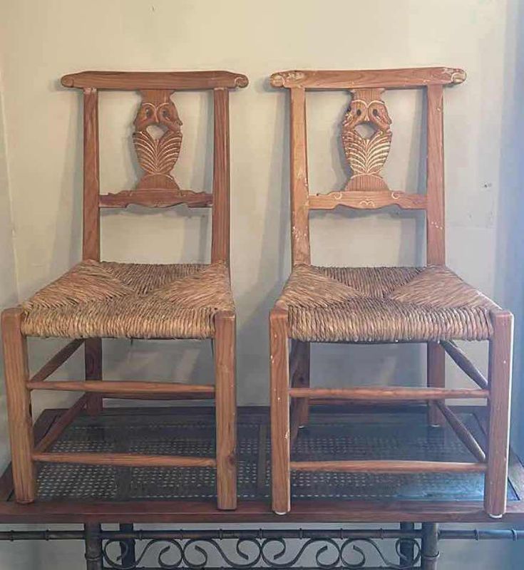 Photo 6 of 2- VINTAGE 1980'S SOLID WOOD RUSH DINING SIDE CHAIRS W CARVED SWANS 