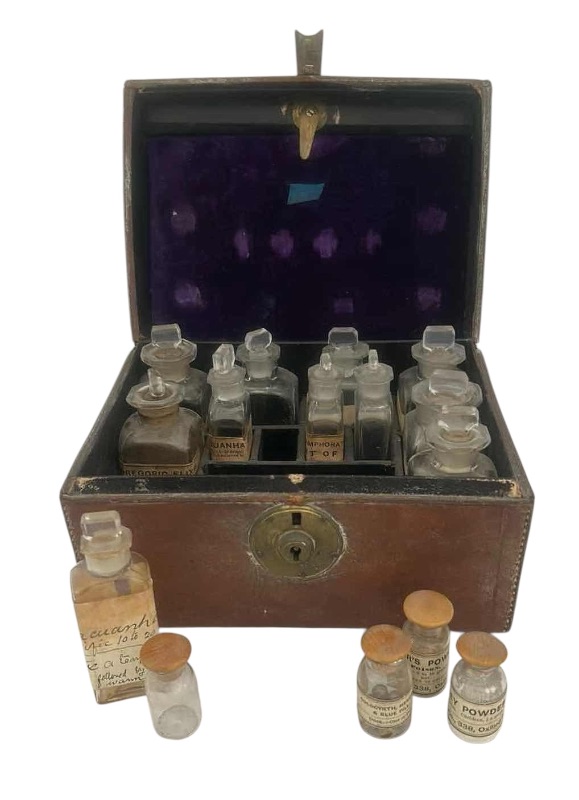 Photo 1 of ANTIQUE WALNUT APOTHECARY SHIPS' DOCTOR MEDICINE CHEST (7 1/2” x 5 1/2” x H5 1/2”)