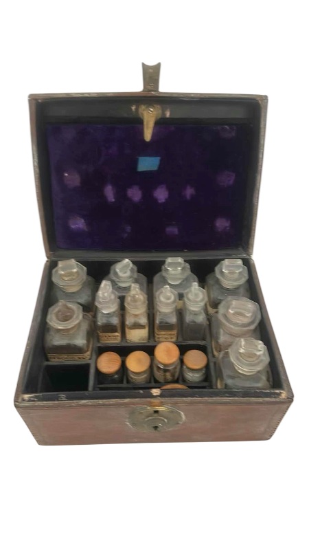 Photo 4 of ANTIQUE WALNUT APOTHECARY SHIPS' DOCTOR MEDICINE CHEST (7 1/2” x 5 1/2” x H5 1/2”)