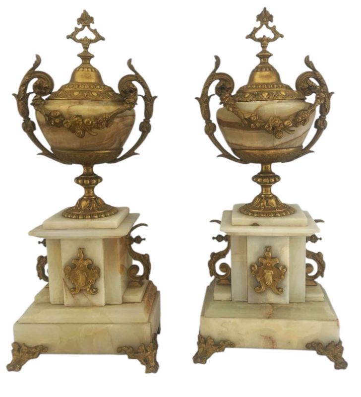 Photo 1 of ANTIQUE PAIR OF FRENCH UNIQUE CASSOLETTE MARBLE W GOLD BRONZE URNS  H15.5”