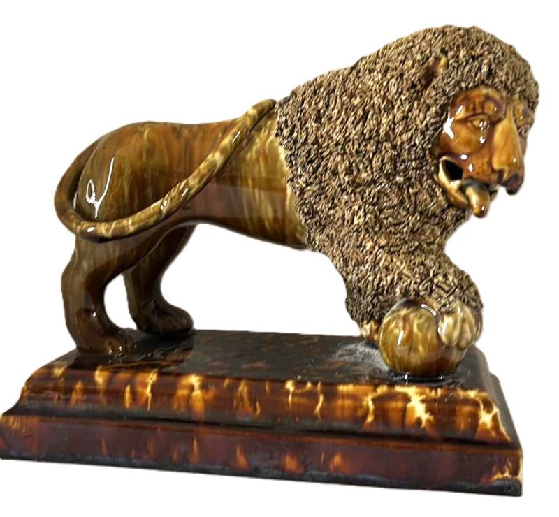 Photo 1 of RARE COLLECTIBLE-FINE LYMAN FENTON  & CO , FLINT ENAMEL FIGURE OF A LION ON BASE   10.5” x 9.5” 