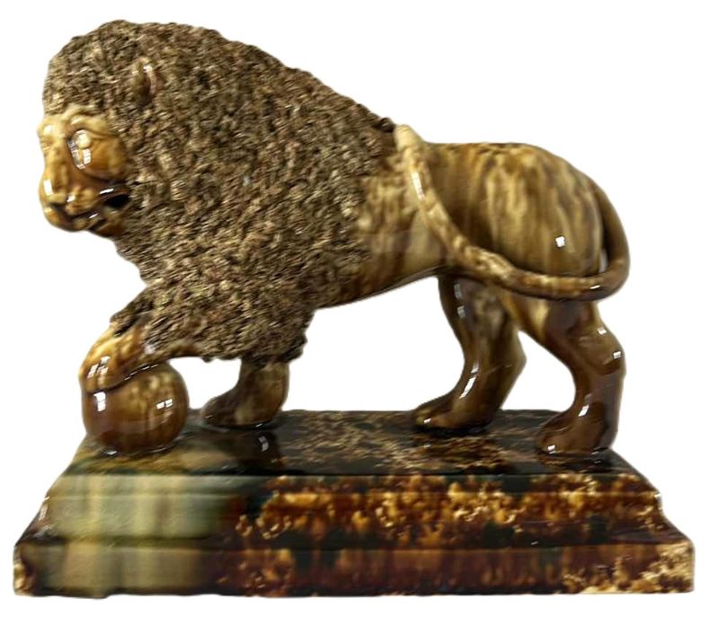 Photo 1 of RARE COLLECTIBLE-FINE LYMAN FENTON  & CO , FLINT ENAMEL FIGURE OF A LION ON BASE   10.5” x 9.5” 